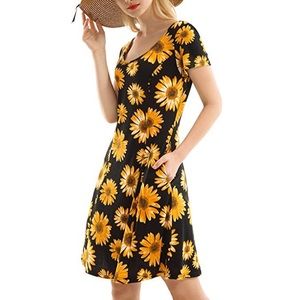 Fun Sunflower Midi Dress with Pockets!